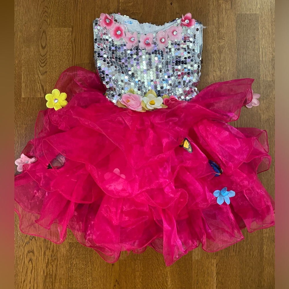 Girls Sequins Party Fancy Dress with Flowers & Butterfly Size 8-10 yrs